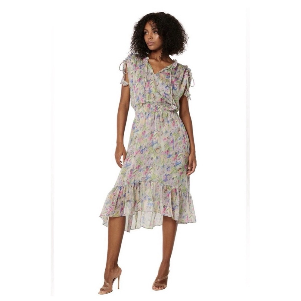 MISA Los Angeles Dress Small Watercolor Floral Midi Smocked Rainbow Boho #BB13-1